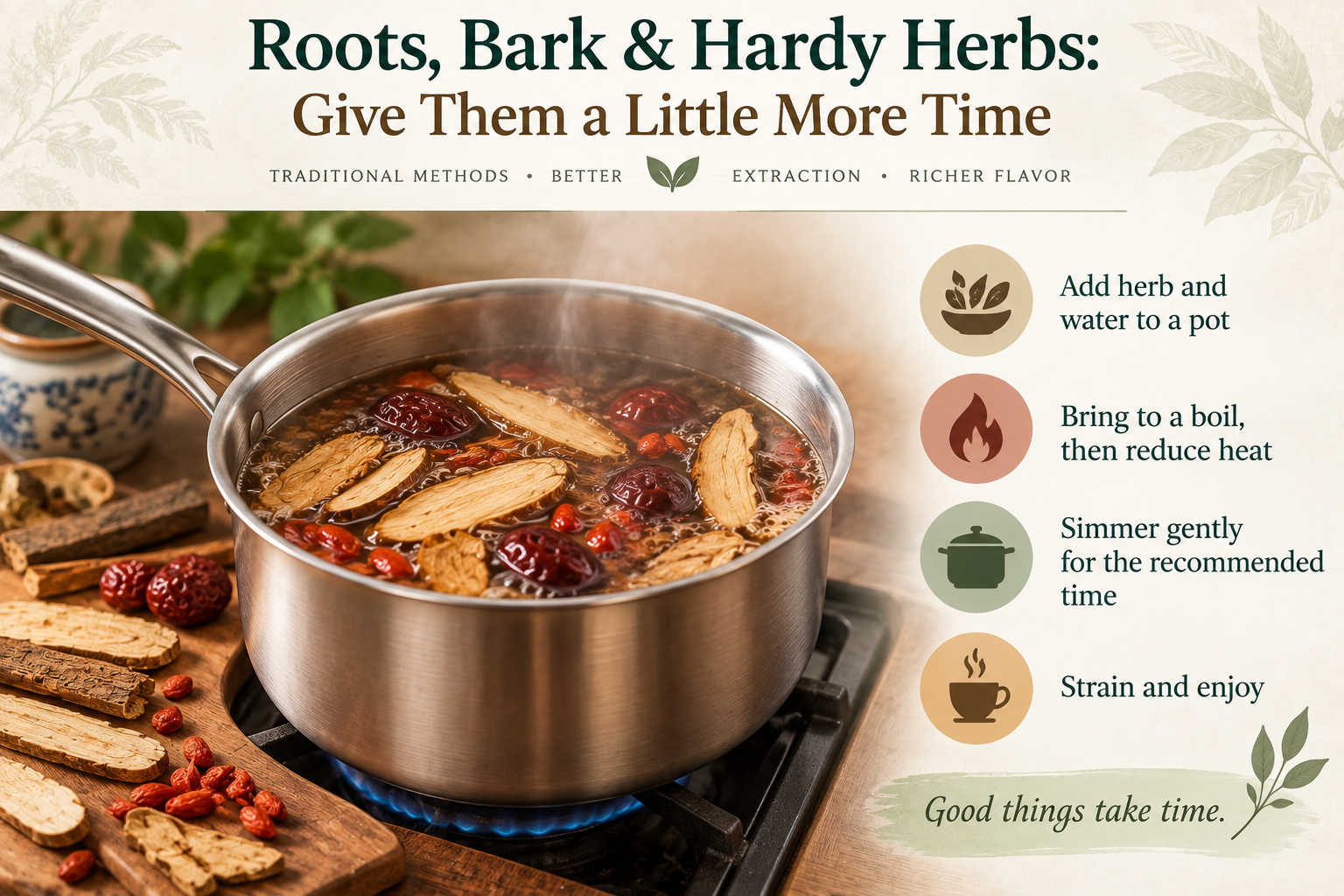 Traditional Chinese herbal decoction showing roots, bark, and hardy herbs gently simmering in water, with simple steps to add water, bring to a boil, reduce heat, simmer, strain, and enjoy.