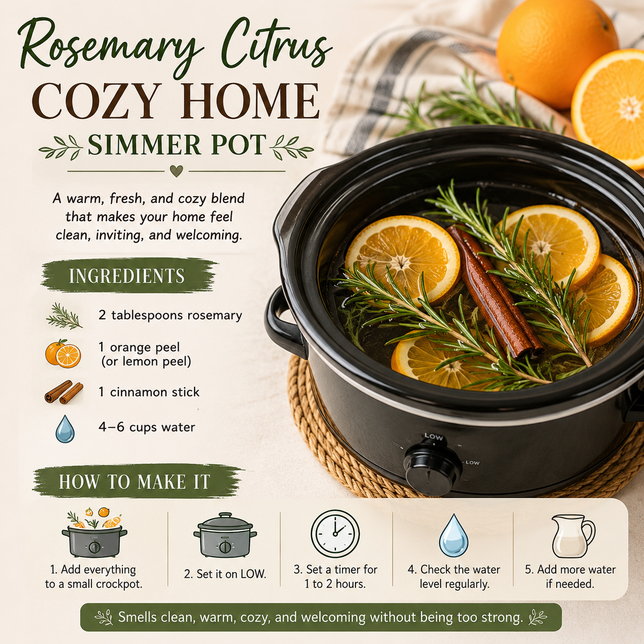 Rosemary and citrus simmering pot, on the stove releasing the cozy aroma 