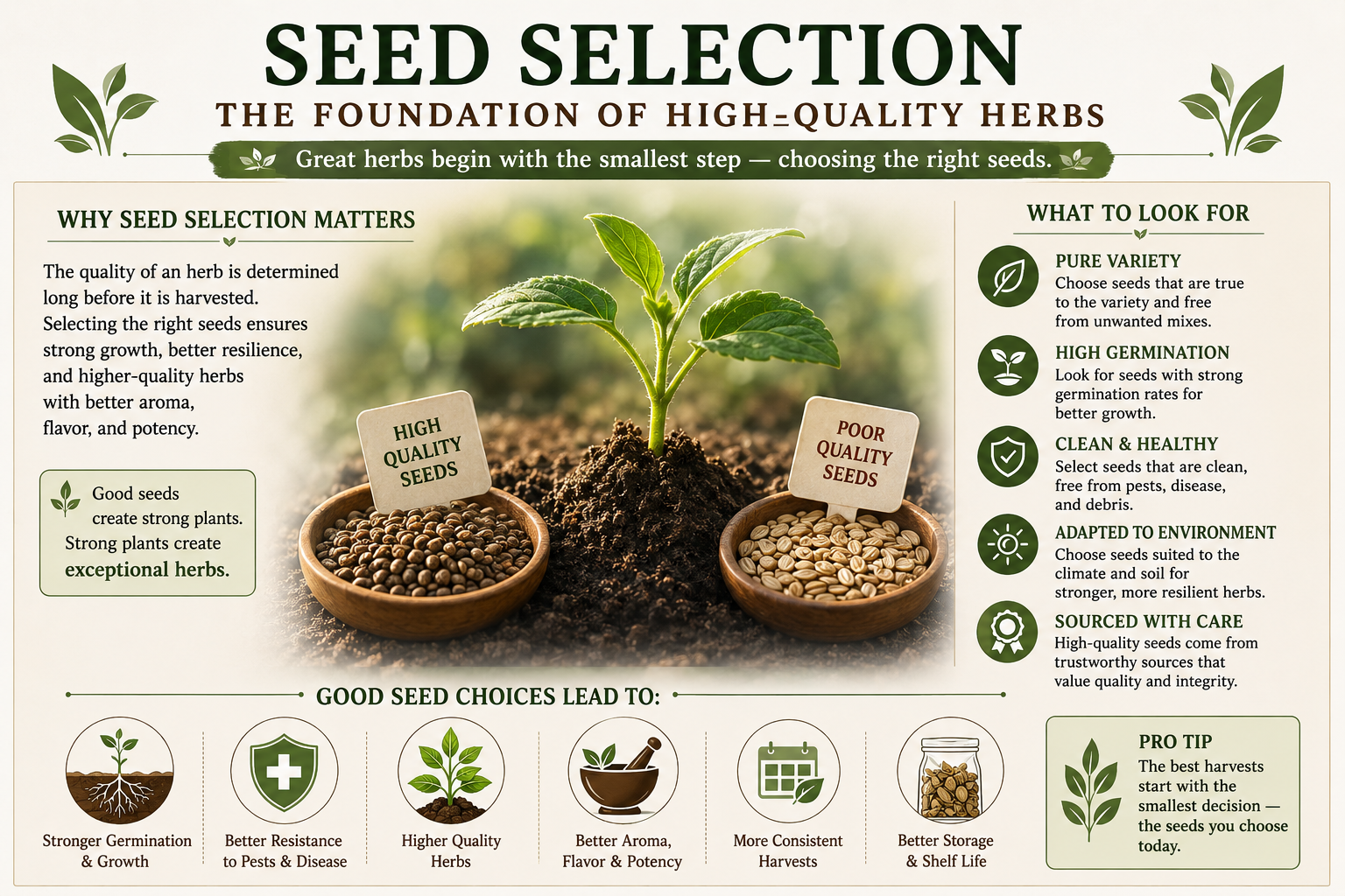 Educational infographic about seed selection for high-quality Chinese herbs showing how proper seed choice affects plant growth, aroma, texture, freshness, resilience, drying quality, storage life, and overall herb quality from seed to shelf.