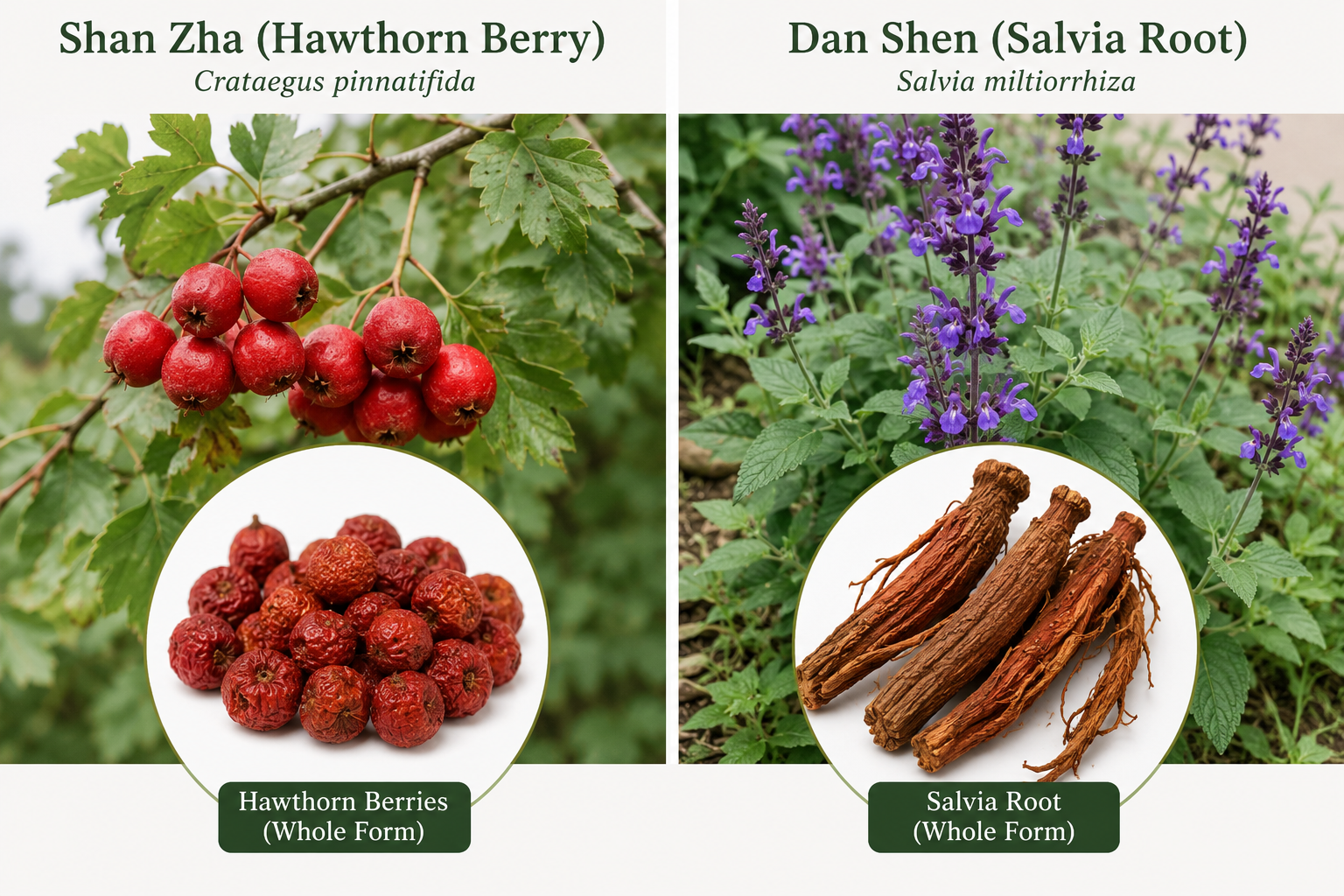 Comparing Dan shen and Shan Zha if you were to see them growing. Infographic on what shan zha, hawthorn fruit, and dan shen, salvia root look like and how they look so different