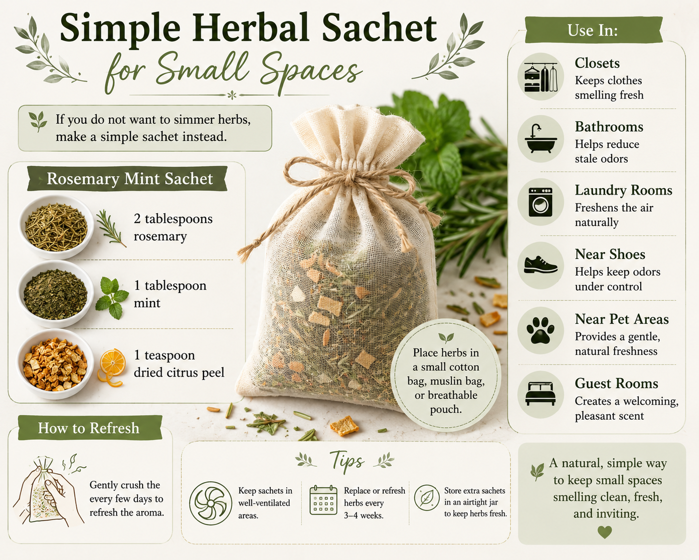A soft sage green infographic showing how to make a simple herbal sachet for small spaces using rosemary, mint, and dried citrus peel. The graphic features a natural cotton sachet filled with herbs, ingredient measurements, usage suggestions for closets, bathrooms, laundry rooms, pet areas, and guest rooms, along with tips for refreshing the aroma naturally.