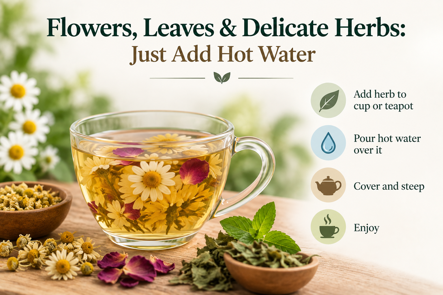 Simple Chinese herbal tea preparation guide showing delicate flowers and leaves steeped in hot water. Add herbs to a cup or teapot, pour in hot water, cover, steep, and enjoy.