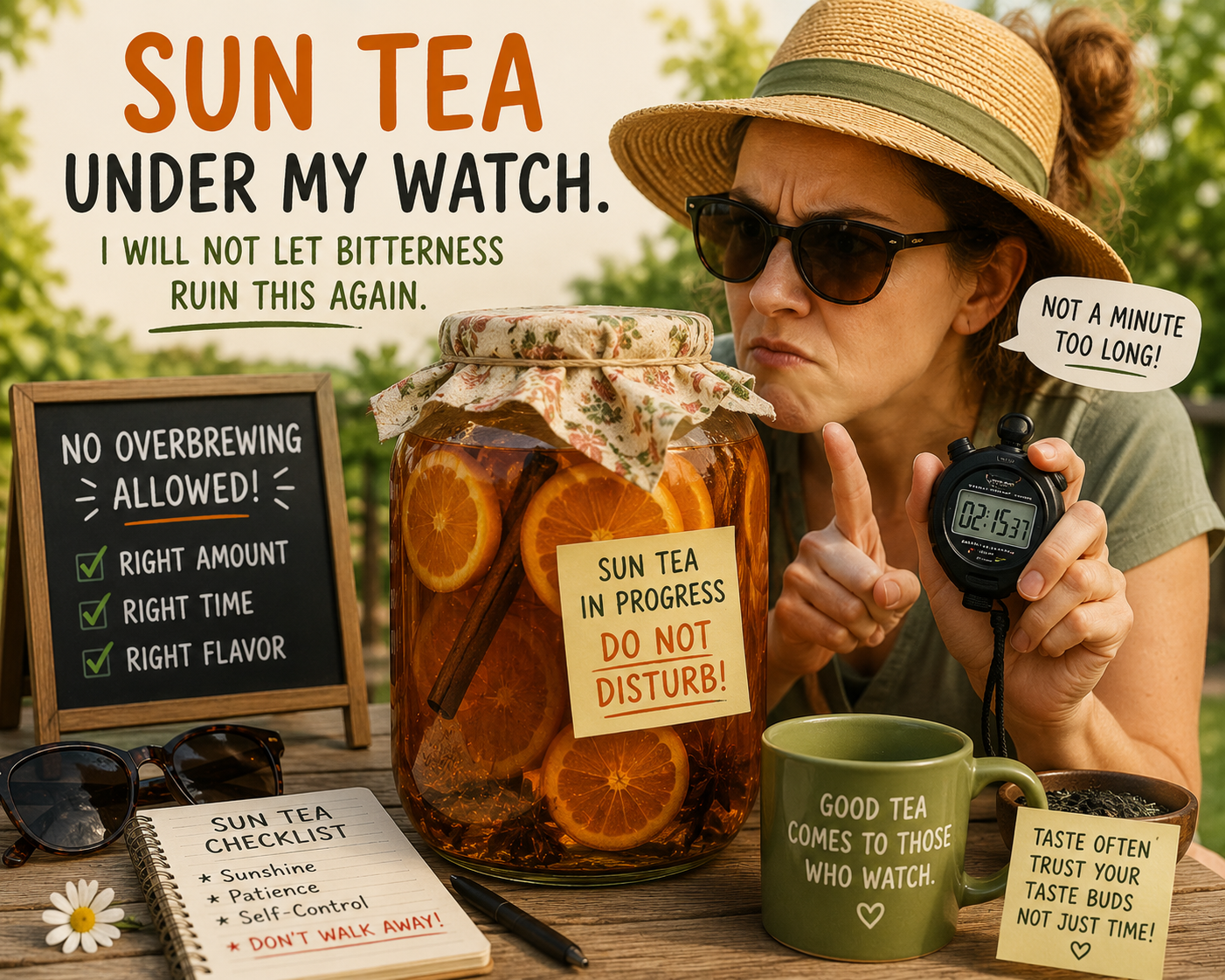 Brewing tea as an overprotective parent using a stop watch for perfect brewing time