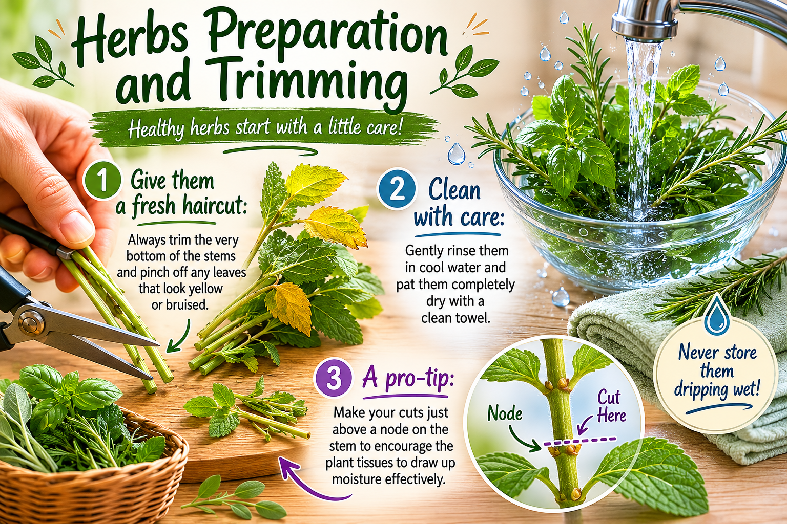 Fresh herbs being trimmed and prepared for storage in a cool place 