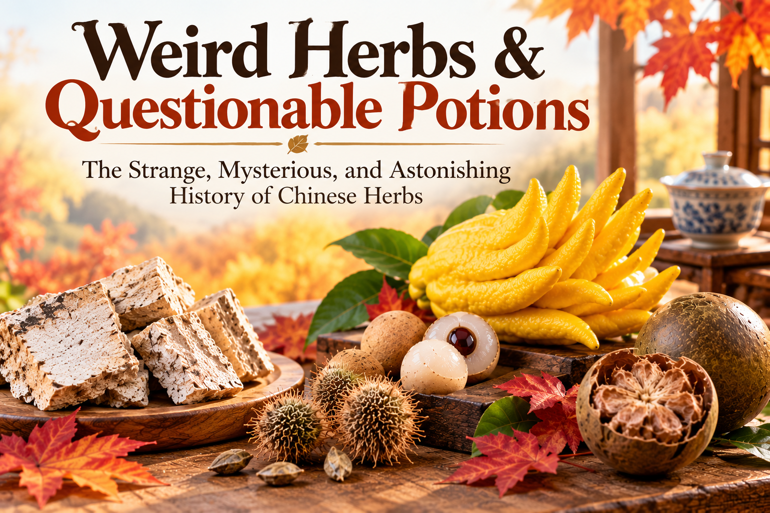 A bright, inviting autumn-themed graphic featuring unusual Chinese herbal ingredients, including Buddha&rsquo;s Hand citron, Dragon Eye fruit (longan), Cocklebur fruit, Monk Fruit, and Dragon Bone fossils. Arranged on a rustic wooden table with colorful fall leaves and warm natural sunlight, the image introduces the fascinating history of Chinese herbs. The headline reads &ldquo;Weird Herbs & Questionable Potions,&rdquo; inviting readers to discover their strange, mysterious, and astonishing stories