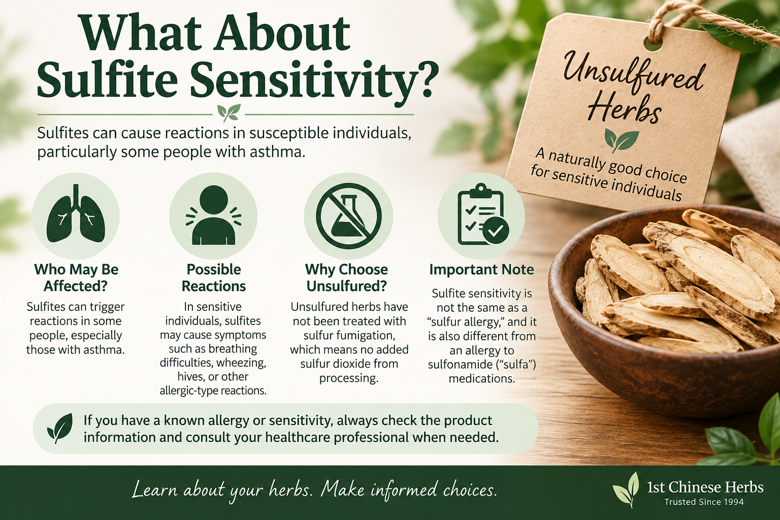What About Sulfite Sensitivity? Understanding Unsulfured Herbs Educational infographic explaining sulfite sensitivity and why some shoppers may prefer unsulfured herbs. Explains that unsulfured herbs have not been treated with sulfur fumigation and clarifies the difference between sulfite sensitivity, sulfur allergy, and sulfa medication allergy.