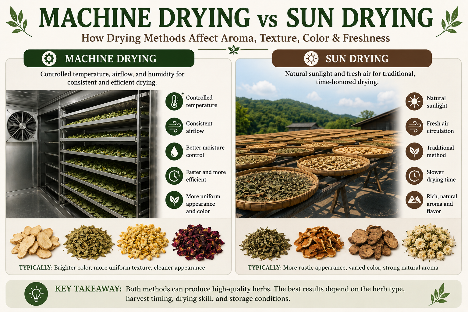 Traditional herbs may be dried in the sun Educational graphic of what the difference between sun drying and machine drying