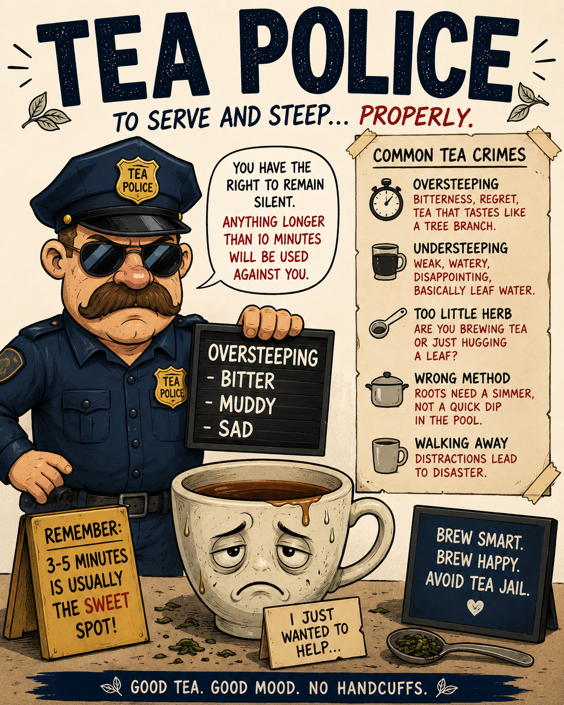 tea police, showing what is wrong=