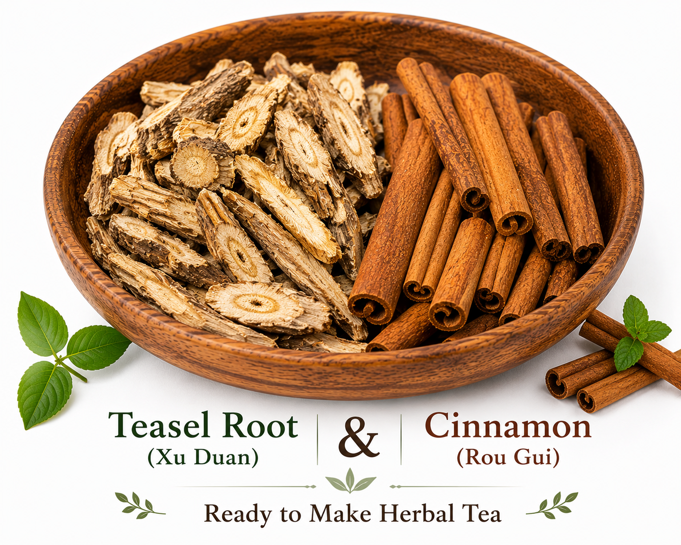 Teasel Root and Cinnamon Bark displayed together in a wooden bowl as a beginner-friendly Chinese herbal tea pairing.