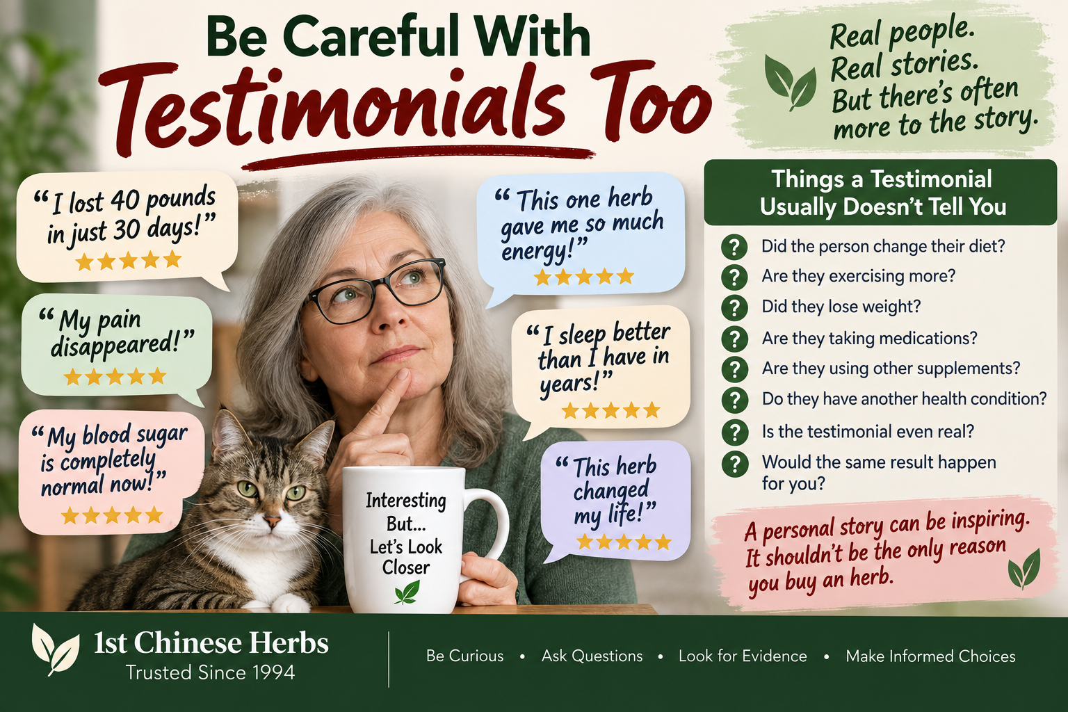 Educational infographic explaining why herbal product testimonials should be viewed carefully. Highlights questions shoppers should consider, such as changes in diet, exercise, medications, other supplements, health conditions, and whether the testimonial is authentic. Encourages customers to look for evidence and make informed decisions rather than relying on personal stories alone.
