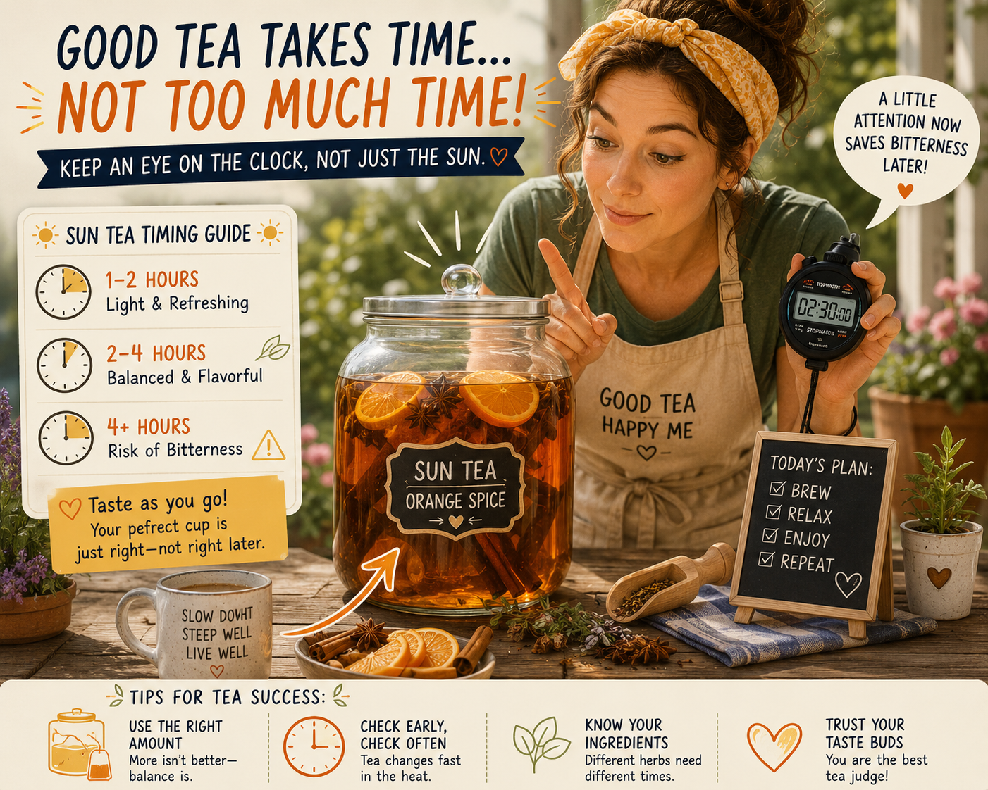 Brightly illustration of a woman carefully monitoring orange spice sun tea with a stopwatch to prevent overbrewing.
