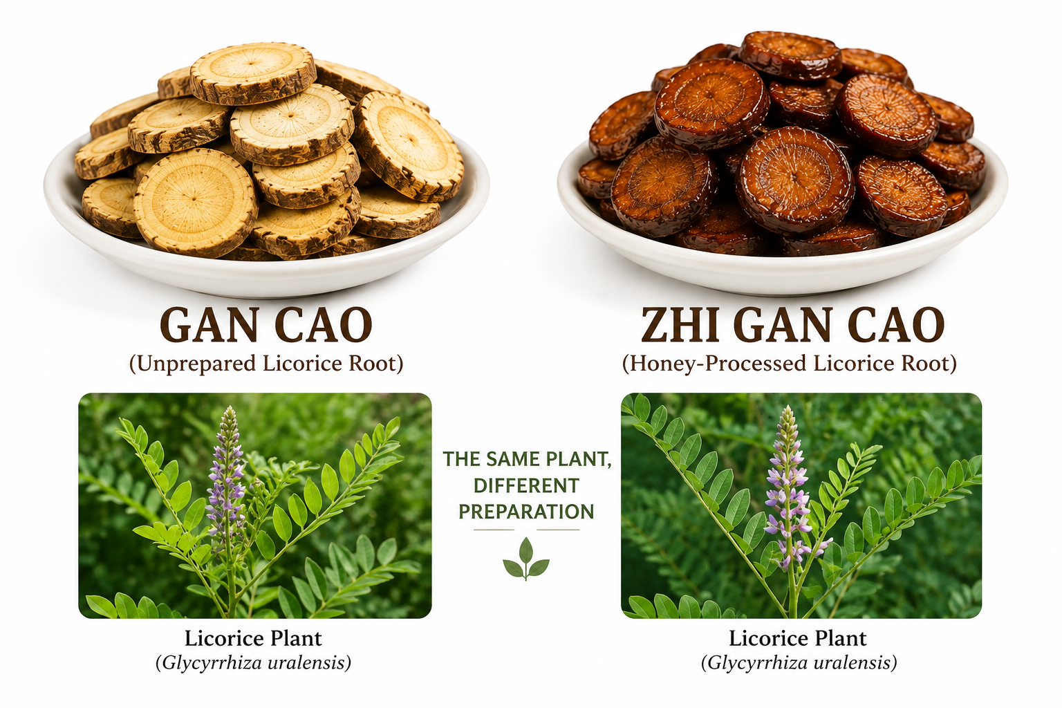 Gan Cao vs Zhi Gan Cao – Licorice Root and Glycyrrhiza uralensis Plant Gan Cao vs Zhi Gan Cao showing unprepared licorice root, honey-processed licorice root and the Glycyrrhiza uralensis licorice plant.