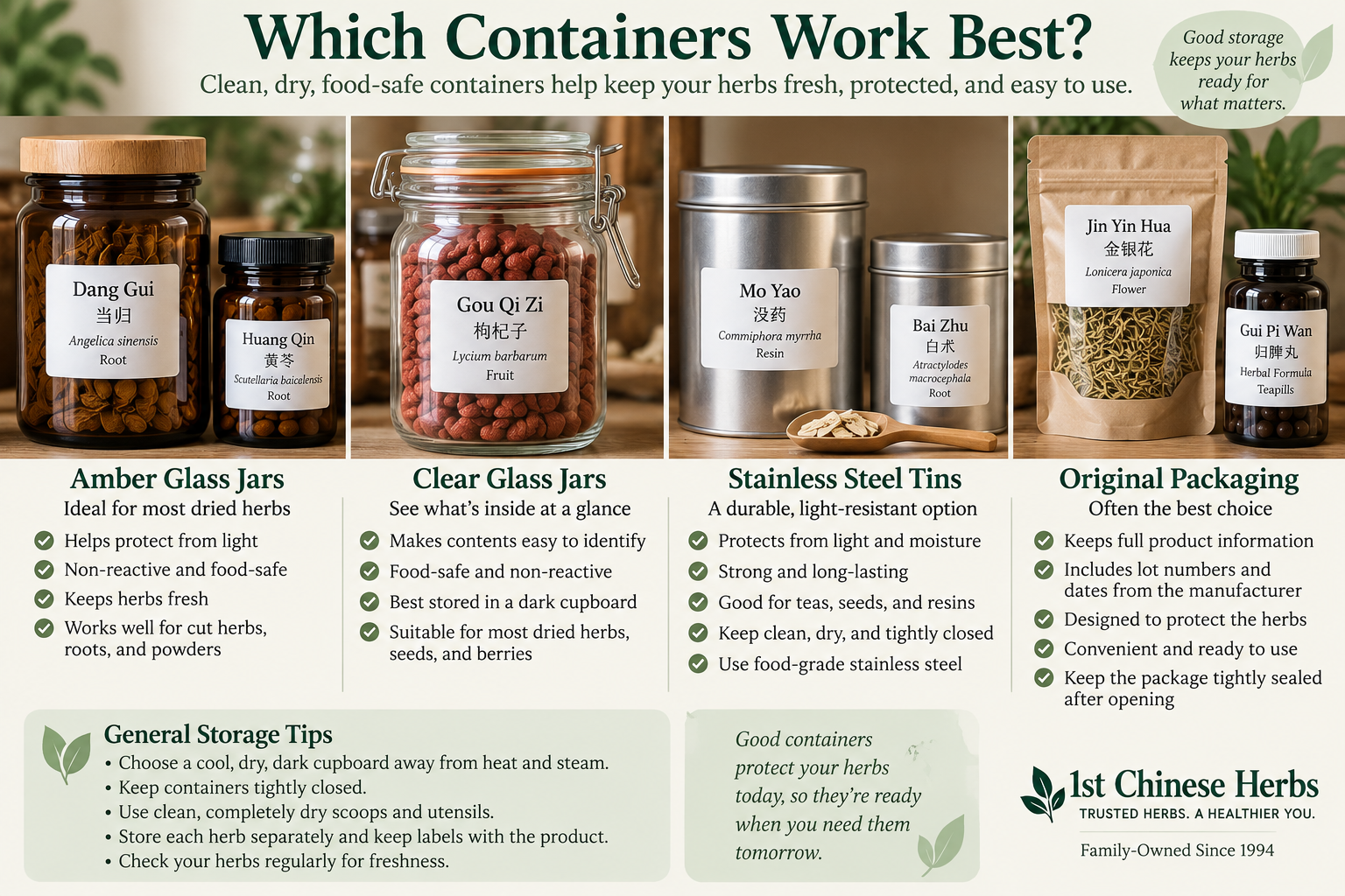 Comparison of amber glass jars, clear glass jars, stainless steel tins, and original packaging for storing Chinese herbs, herbal powders, teapills, and teas. Includes tips for keeping herbs dry, sealed, labeled, and protected from light.