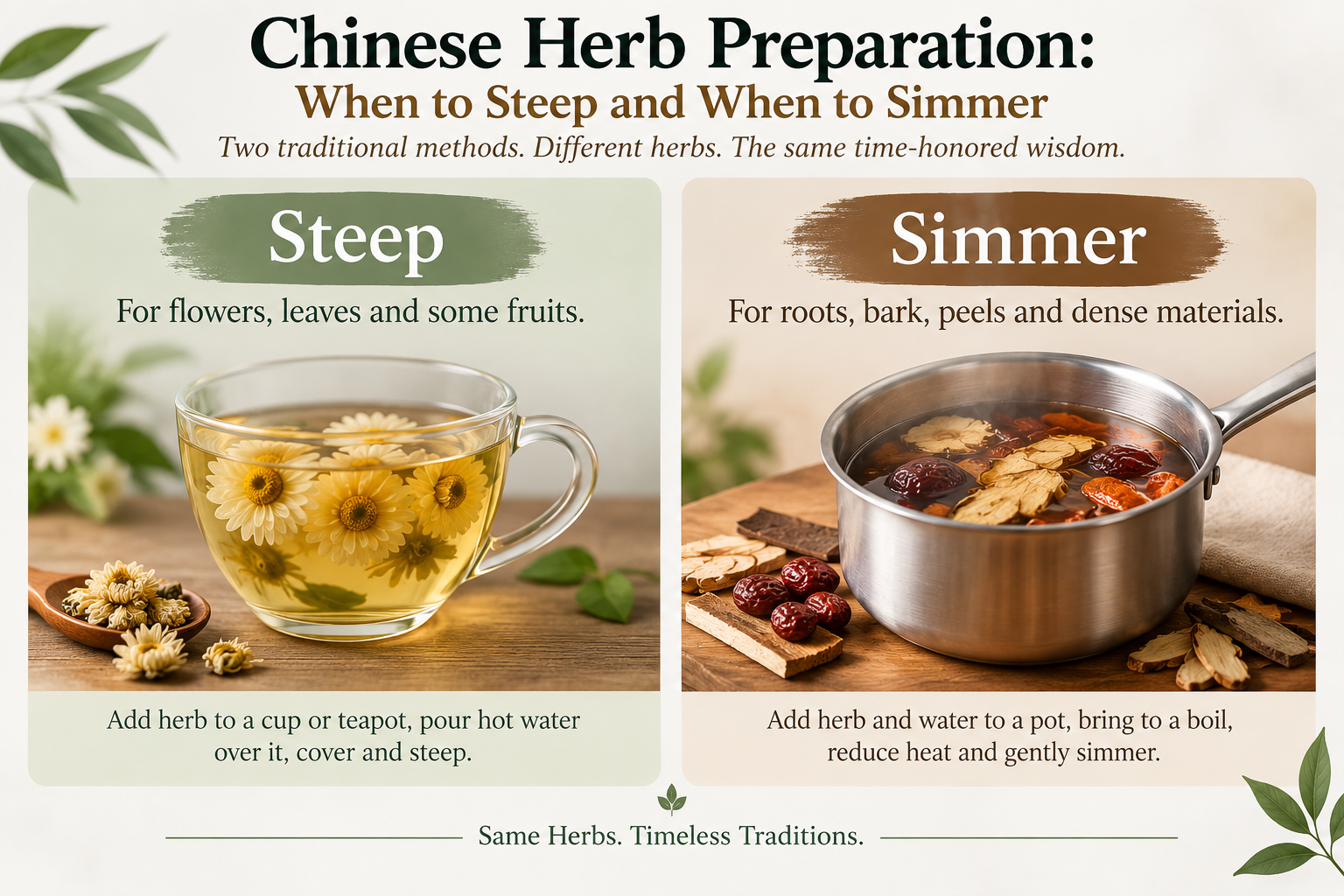 Chinese herb preparation guide showing traditional steeping for flowers, leaves, and some fruits, and gentle simmering for roots, bark, peels, and dense herbal materials.