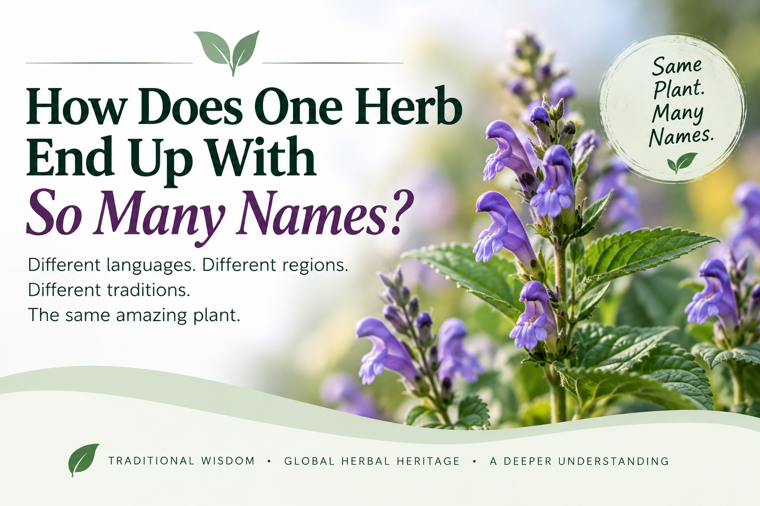 Botanical graphic explaining how one herb can have many names because of different languages, regions, cultures, and herbal traditions, emphasizing the importance of identifying herbs by their botanical name.