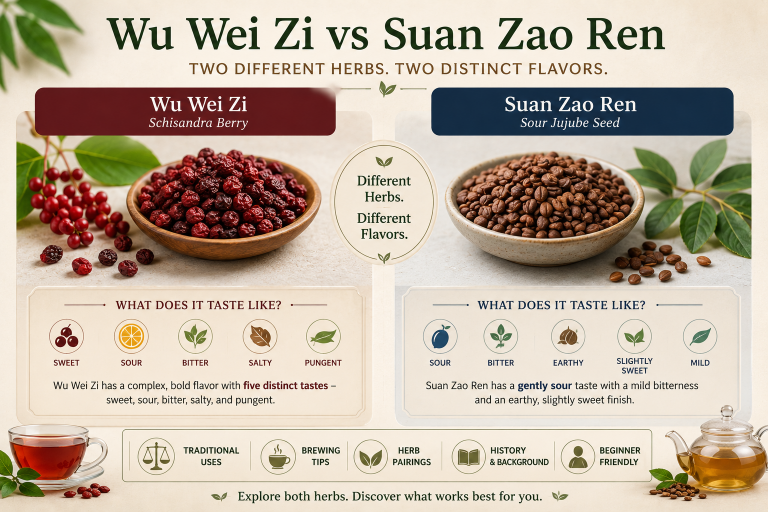 Two herbs which are being compared are wu wei zi, and suan zao ren, what are the differences