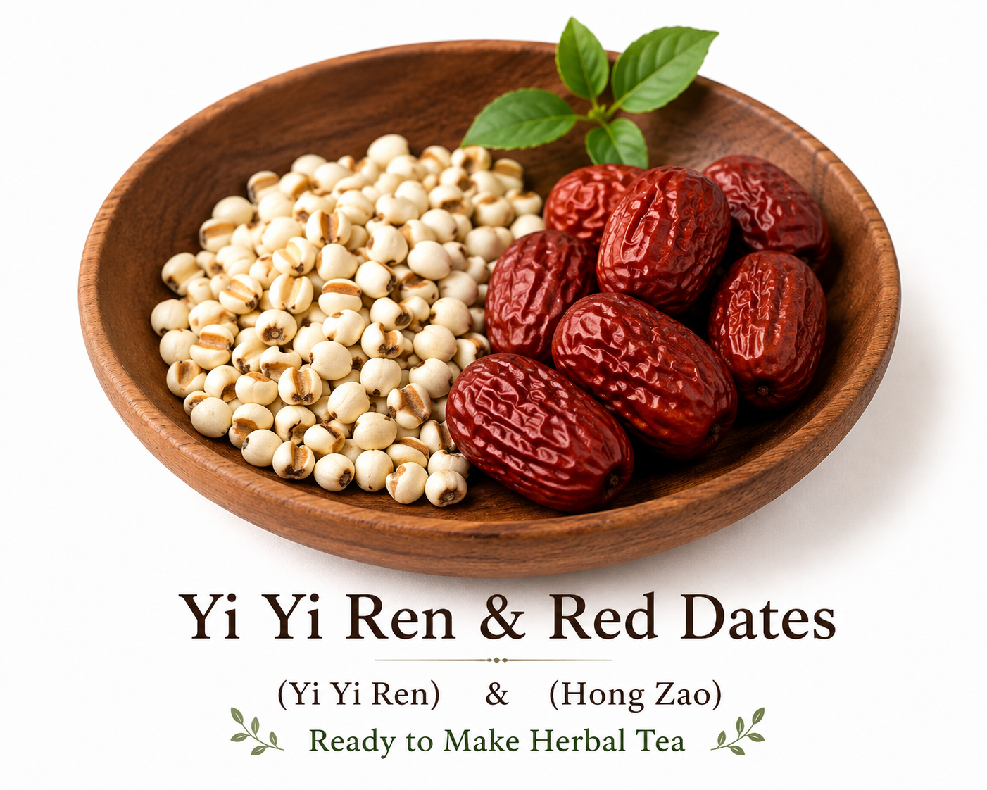 Yi Yi Ren (Job's tears) and Hong Zao (Chinese red dates) displayed together in a wooden bowl as a simple beginner-friendly herbal tea pairing. The image shows the two dried herbal ingredients before preparation.