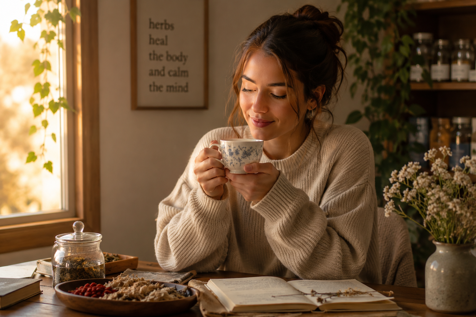 a woman sitting at a table drinking her herbal tea